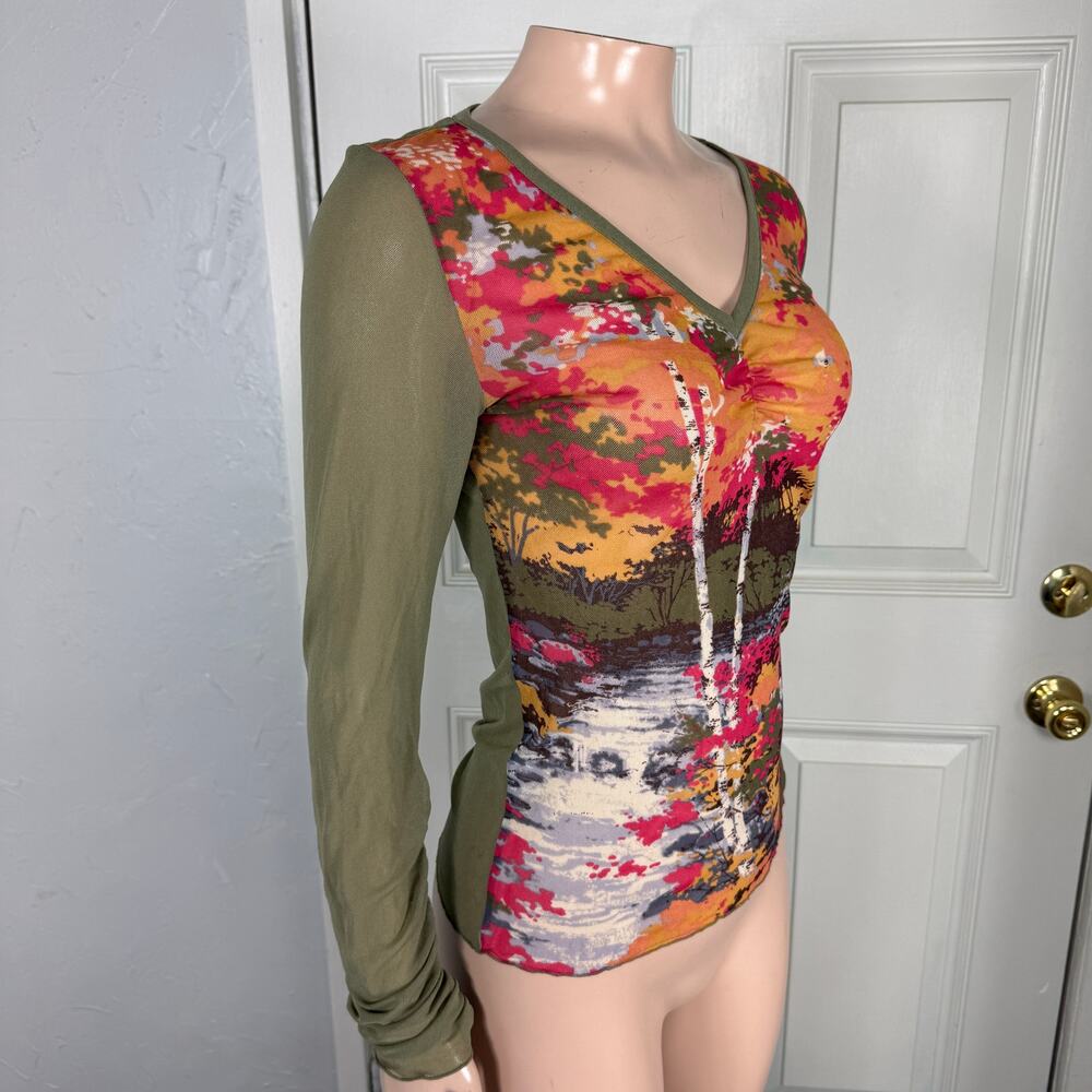 Vintage y2K DKNY Women's Shirt Small Long sleeve Floral Printed V neck Sheer QQ2 - Picture 4 of 5